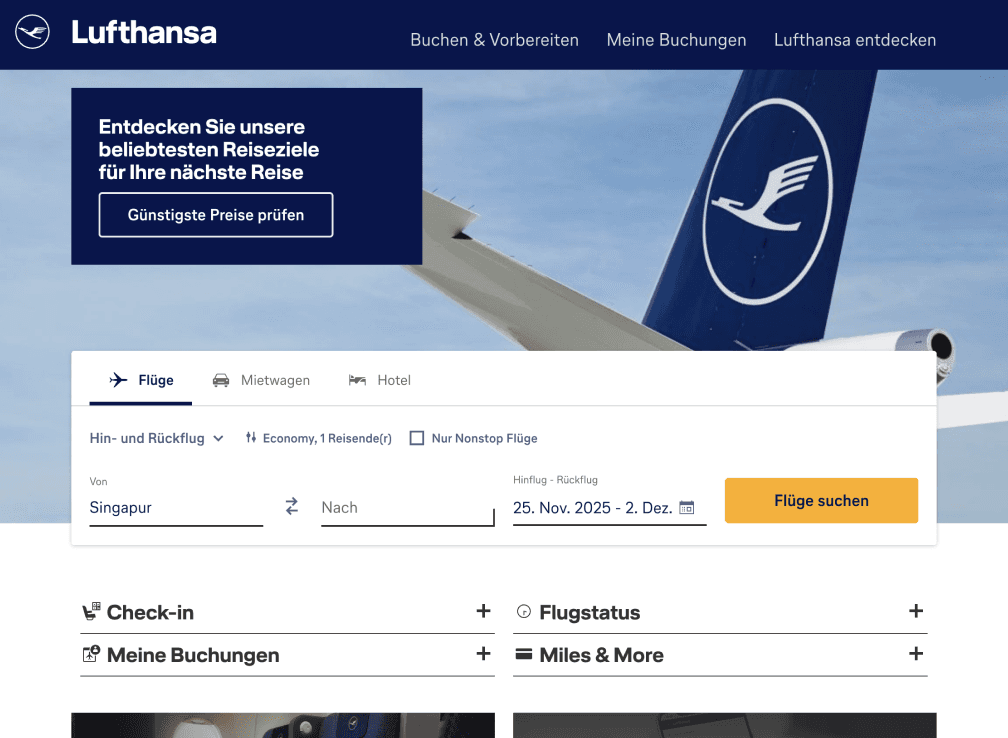 Buchungsseite von lufthansa.com